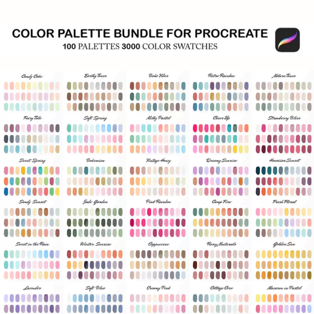 procreate color palette bundle, color swatches pack, procreate color bundle, 100 ipad color palettes, procreate color set, procreate brushes