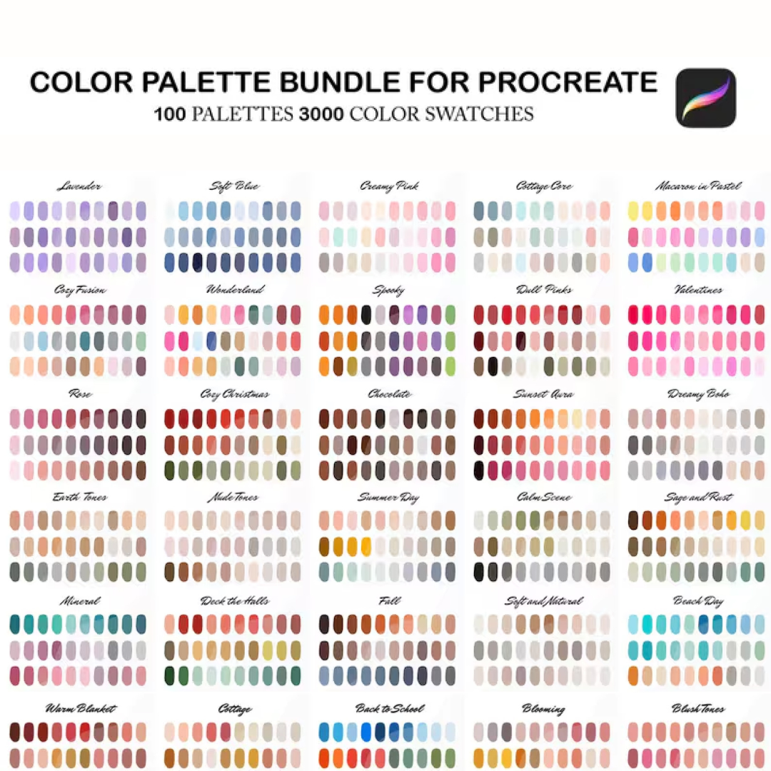procreate color palette bundle, color swatches pack, procreate color bundle, 100 ipad color palettes, procreate color set, procreate brushes
