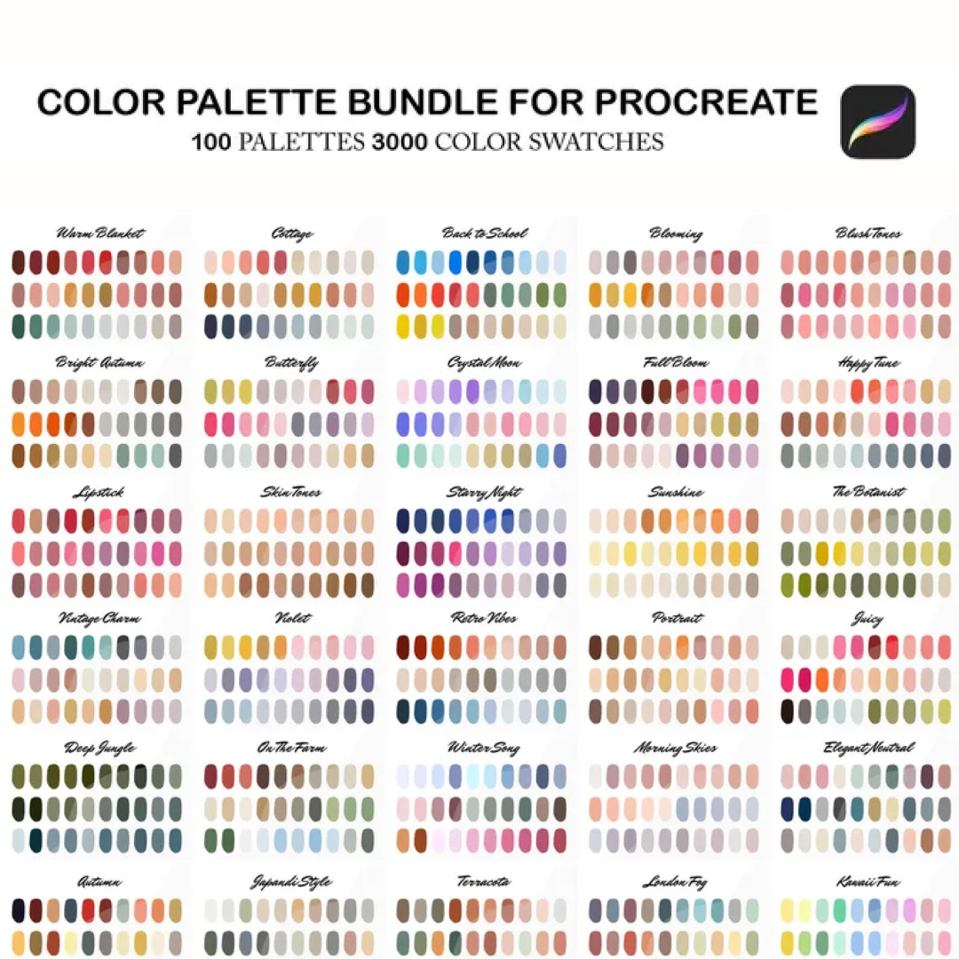 procreate color palette bundle, color swatches pack, procreate color bundle, 100 ipad color palettes, procreate color set, procreate brushes
