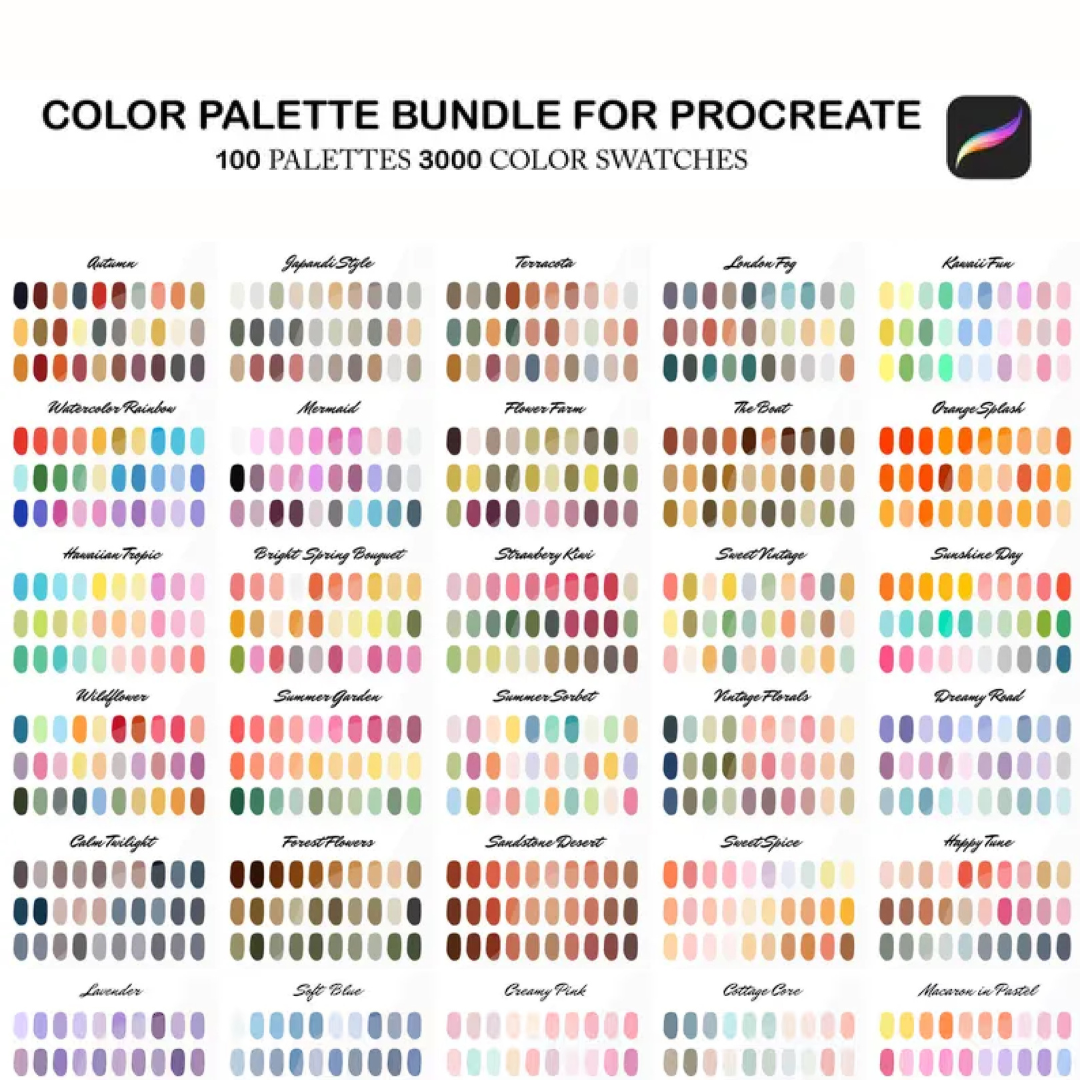 procreate color palette bundle, color swatches pack, procreate color bundle, 100 ipad color palettes, procreate color set, procreate brushes